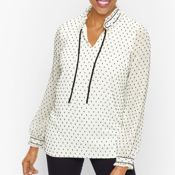 Talbots WM Tie Neck Top White with Black Embroidered Small Dots and Ruffle Neck - Picture 8 of 8